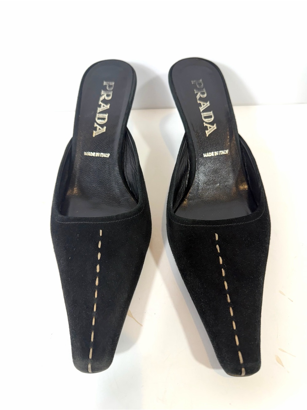 Prada Vintage Black Suede Square Toe Mule Heels 37.5 Kitten Heel Made Italy - Picture 3 of 13
